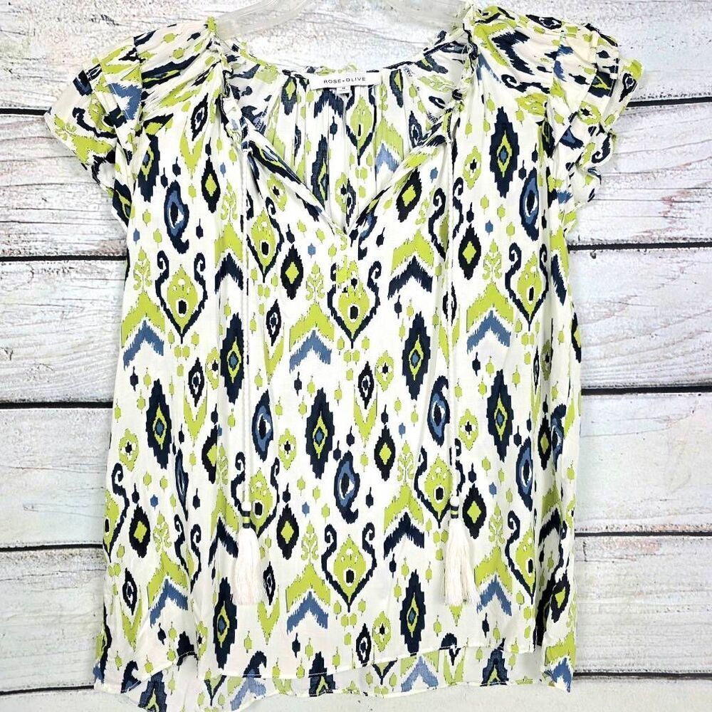 Rose + Olive Ikat Print Tassel Blouse Rayon M